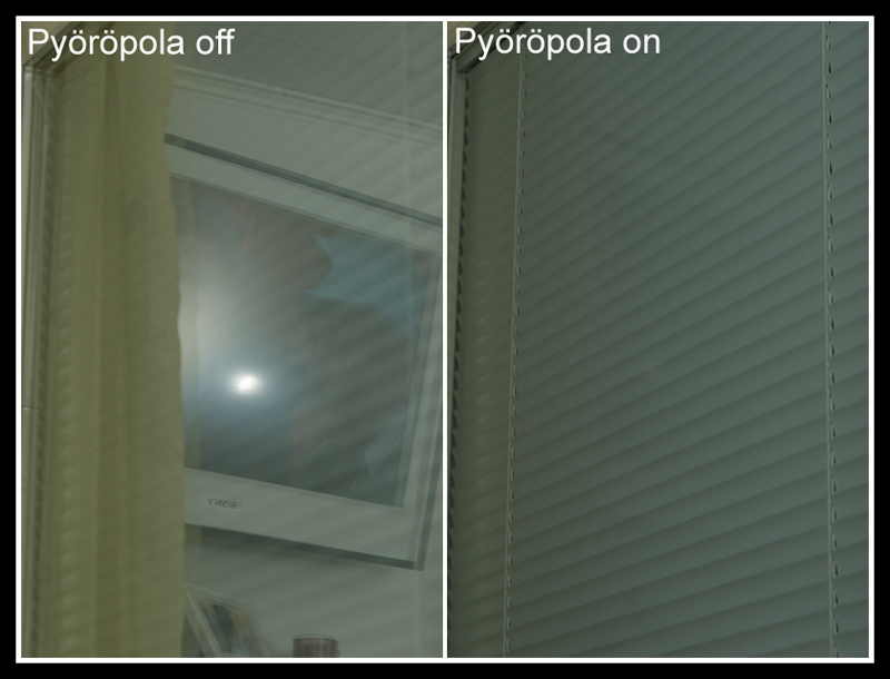 Suodinvertailu 1.jpg - Tuli tehtya pikatesti uusien pyoropolasuotimien osalta. Vertailukuvassa suodin kaannettyna vaikutukseltaan off-asentoon vasemmalla ja oikealla kaannettyna vaikutukseltaan on-asentoon. Suotimen asento riippuu valon suunnasta.